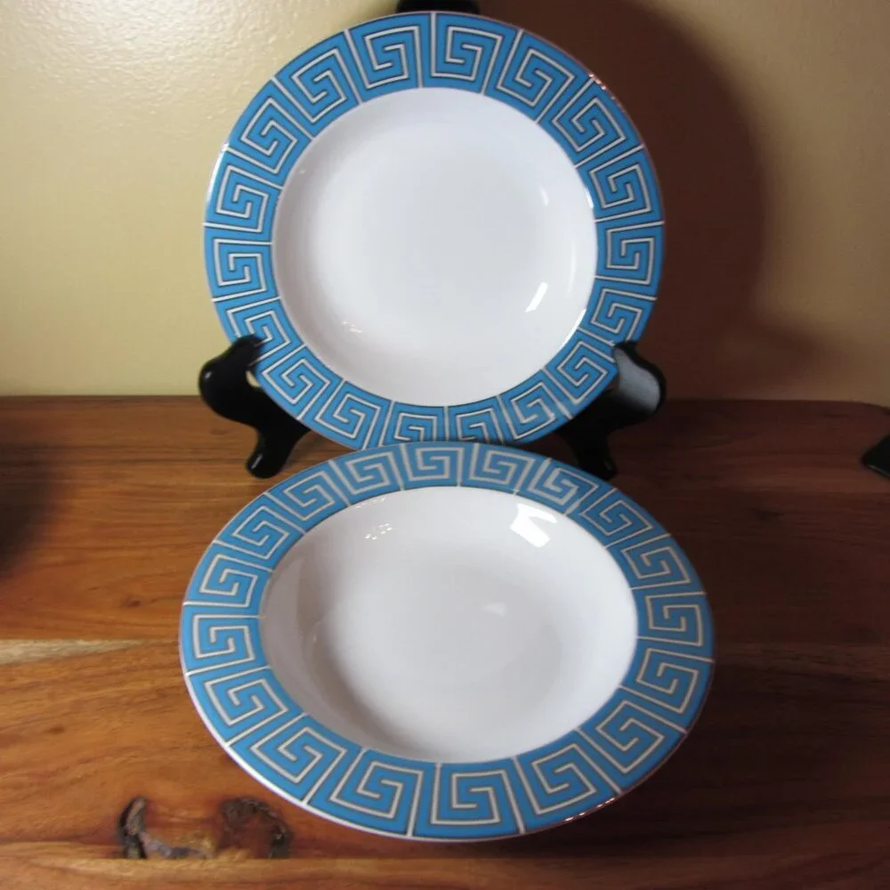 Jonathan Adler silver & blue greek key bowls- pair of 2 (W5106)